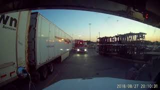 Truck hits trailer head-on