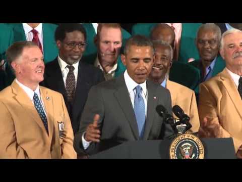 Obama Jokes With '72 Dolphins at White House