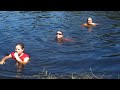 The girls swimming around in the pond