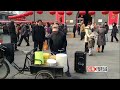 Picture Chinese People Celebrate Spring Festival Old Man In Tianjin Plays Drums Before City Gate