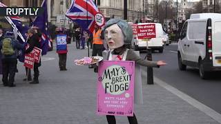 В Лондоне активистка в образе Терезы Мэй предложила прохожим помадки «Брексит»