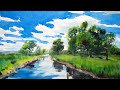 Watercolor landscape painting of clouds, trees, river and reflections