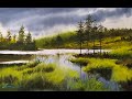 Watercolor painting landscape - Lake and Sky