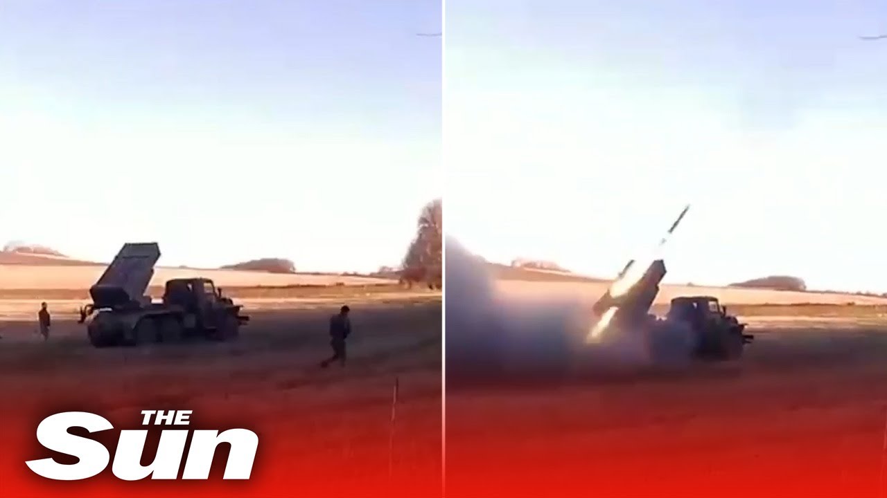 Ukrainian Tank Brigade launch Grad missiles at Russian positions