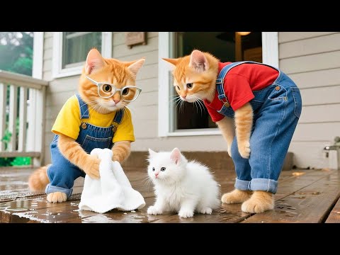 母猫とジンジャー子猫が勇敢に白い子猫を大雨の洪水の中で救出!🐱🌧️