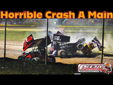 HORRIBLE CRASH!! A Main Taco Bravo 360 Sprint Cars At Ocean Speedway - dirt track racing video image