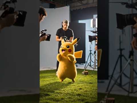 実写版ポケモンの撮影現場のスタジオで撮影されるピカチュウやリザードンなどのポケモン達