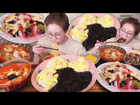 날이 더워서 간단하게 시원한 냉짬뽕🧊 과 새우볶음밥 3개, 삼선술국, 찹쌀탕수육! 250801/Mukbang, eating show