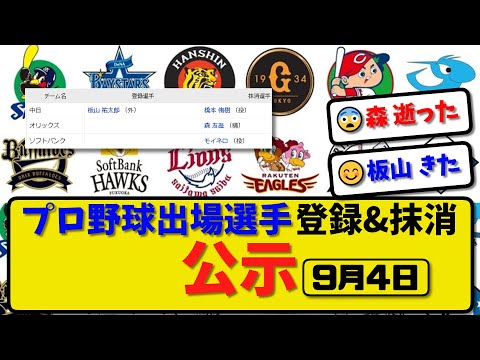 【公示】プロ野球 出場選手登録＆抹消 公示9月4日発表｜中日橋本 オリックス森 ソフトバンクモイネロら抹消|中日板山登録【最新・まとめ・反応集・なんJ・2ch】