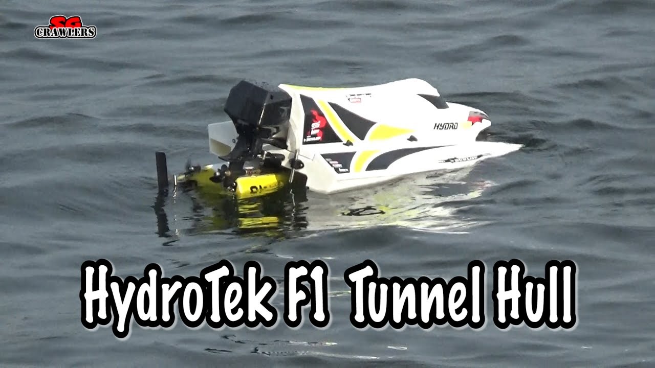  RC F1 Boat Hydrotek tunnel hull racing boat at the reservoir 