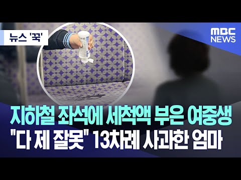 [뉴스 '꾹'] 지하철 좌석에 세척액 부은 여중생.."다 제 잘못" 13차례 사과한 엄마  (2023.10.05/MBC뉴스)