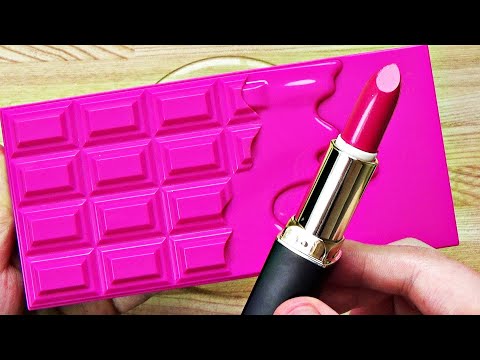 Slime Coloring with Pink Makeup! Mixing Lipstick & Chocolate Eyeshadow Palette into Clear Slime!