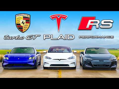 【ドラッグレース！】テスラ モデルS プレイド vs ポルシェ タイカン ターボGT vs アウディ RS e-tron GT パフォーマンス