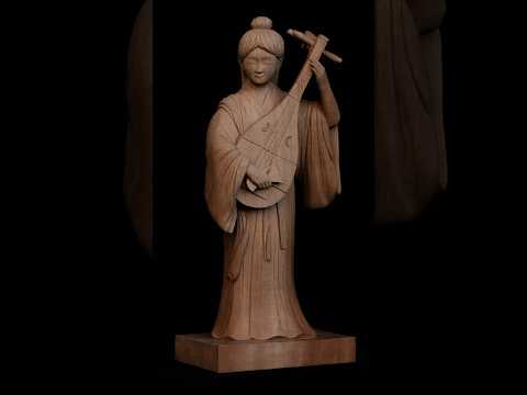 Wooden Sculpture of Benzaiten: Block of Wood → Rough Carving → Intermediate Finishing → Completion