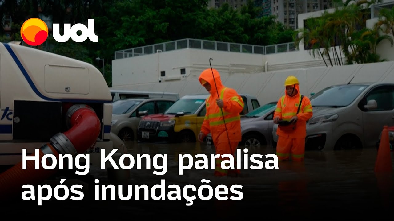 Hong Kong fica paralisada após fortes chuvas carros casas e estradas ficam submersos vídeo