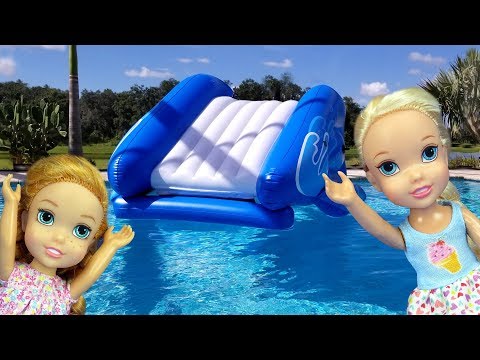 Water Slide ! Elsa and Anna toddlers - pool playdate - Barbie - floaties - swim - water fun - splash - UCQ00zWTLrgRQJUb8MHQg21A