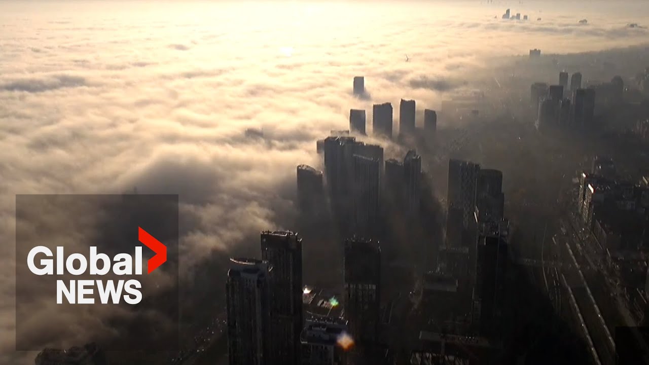 Wall of fog rolls across Toronto from Lake Ontario, creating an eerie scene