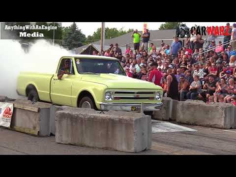 Old Yellow Chevy Pickup Truck Burnout At Rod Benders Burnout Competition