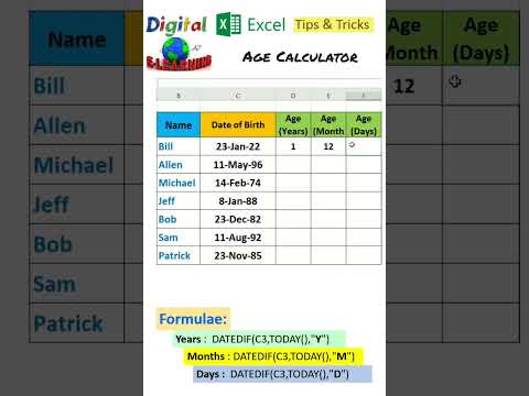 Age calculator in Excel #shorts | Age calculator in excel formula #excel #agecalculator