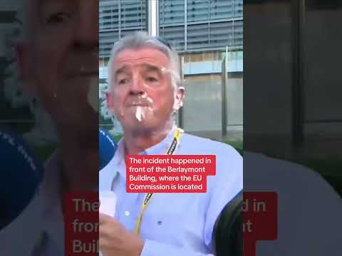Moment Ryanair CEO is hit with a cake by climate activists