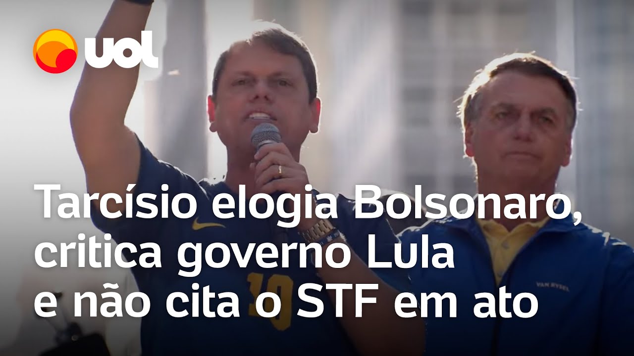 Tarcísio elogia Bolsonaro critica governo Lula e não cita o STF em ato na Av Paulista veja vídeo