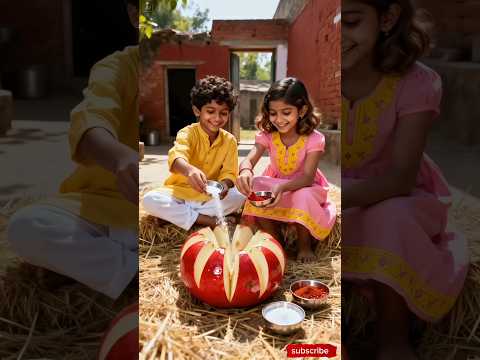 Cute children bring a big apple home and feed it to all the village children and goats 😭 #ai #tree