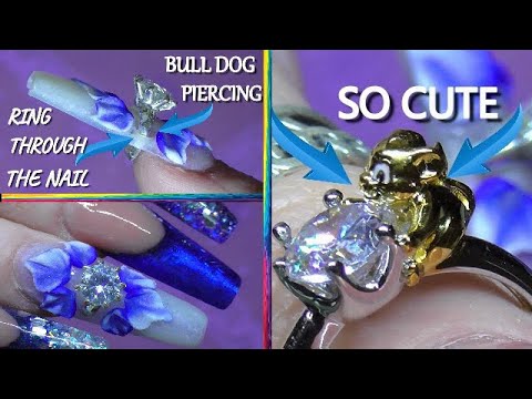 Bull Dog Piercing In Acrylic Nails | Blue & Silver Manicure | Jeulia Jewelry | ABSOLUTE NAILS