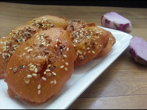 Gujarati Famous Snack Ratalu Kand Puri -  Kand Bhajiya - Kand Puri - Purple Yam Fritters Recipe