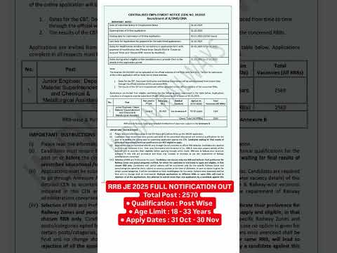 🎉RRB JE 2025 FULL NOTIFICATION OUT Total Post : 2570#rrbje2025 #rrb #rwa #rrbntpc2025 #rrb