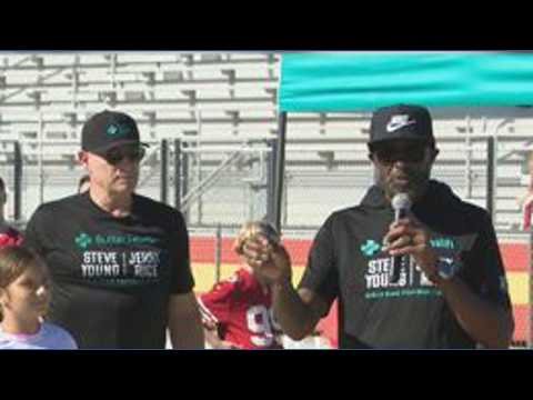 Steve Young and Jerry Rice mentor young Sacramento girls flag football camp