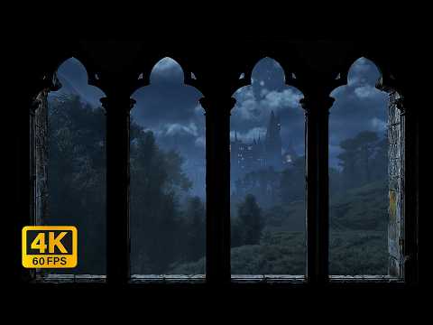 4K Hogwarts Night Window View | Harry Potter quiet screensaver for Sleep & Study | projector 8 hours