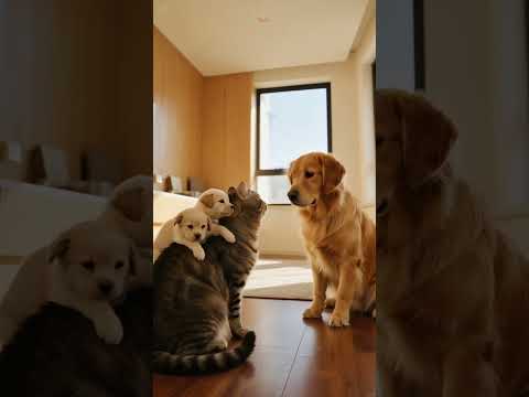 So cute! The cat is carrying the puppy on its back. It’s a leisurely morning. So cute! とてもかわいい