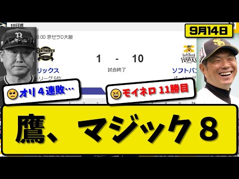 【1位vs5位】ソフトバンクホークスがオリックスバファローズに10-1で勝利…9月14日5連勝で優勝マジック8…先発モイネロ6回無失点11勝目…栗原&甲斐&山川&緒方が活躍【最新・反応集・なんJ】