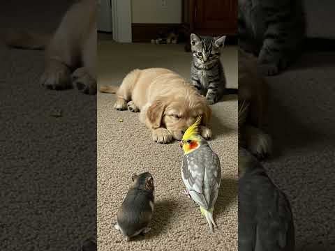 Friends quietly watch over their sleepy puppy pal 🐾🐹🐦