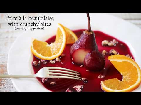 Poached pears in Beaujolais wine and Blackcurrant sauce (Poire à la beaujolaise)