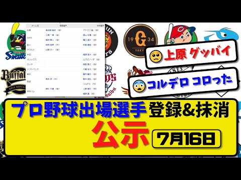 【公示】プロ野球 出場選手登録＆抹消 公示7月16日発表｜横浜徳山 西武コルデロ ハム上原ら抹消|広島長谷部 横浜三嶋&堀岡 巨人岡田 西武高木 ハム柳川ら登録【最新・まとめ・反応集・なんJ・2ch】