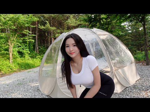 Awesome transparent tent solo camping in panorama forest view / relaxing in a cozy tent ASMR