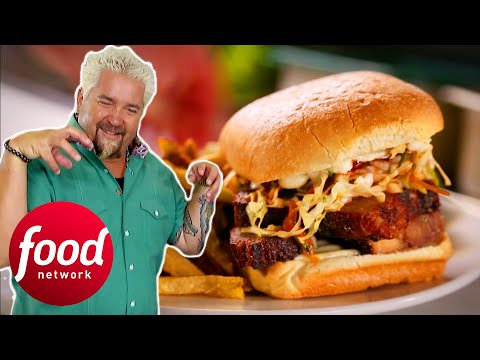 Guy Fieri Bites Down On A HUGE Tasty Pork Belly Sandwich l Diners, Drive-Ins & Dives