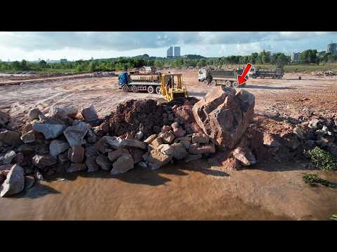Excellence Land Filling Construction Bulldozer Pushing Rocks Moves Into Water