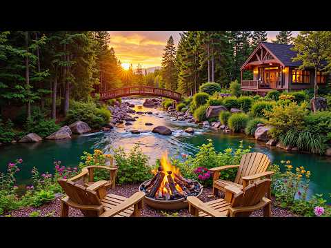 Soothing Piano Music & Fire pit for Studying 🌿🌺 Spring Morning with Birdsong at Lakeside Porch