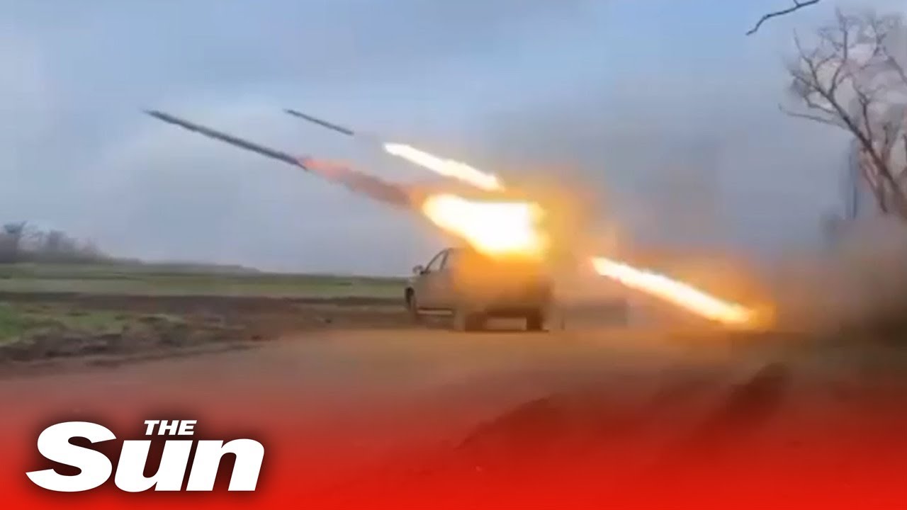 Ukrainian Battalion fires rockets from back of modified truck at Russian forces