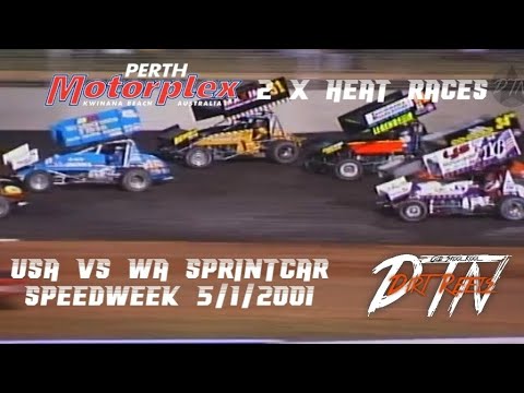 DTN DIRT REELS. USA vs WA Sprintcar Speedweek 2 x heat races. Perth Motorplex 5/1/2001. - dirt track racing video image