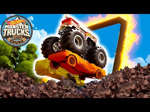 Hot Wheels Monster Trucks Take On 5 Alarm's Mud boarding Challenge! 💥 - Cartoons for Kids
