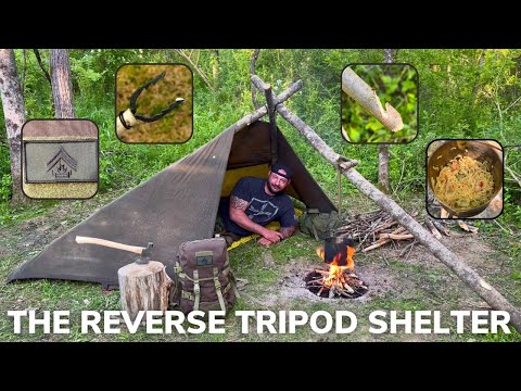 Solo Overnight Building a Reverse Tripod Tarp Tent in the Woods and Shrimp Alfredo.