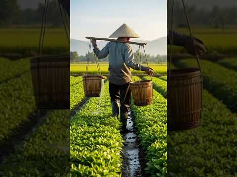 Farmer watering plants using bamboo buckets việt nam