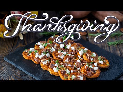 Thanksgiving Side Dishes - Roasted Sweet Potatoes with Goat Cheese and Candied Bacon