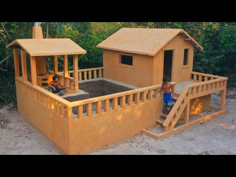 35 Days Building A Modern Mud House Using Primitive Tools With Swimming Pool