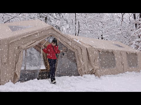 폭설이다!!❄️ 방3개 딸린 에어텐트. 집보다 좋은 초대형 텐트🏡  폭설 캠핑 ASMR