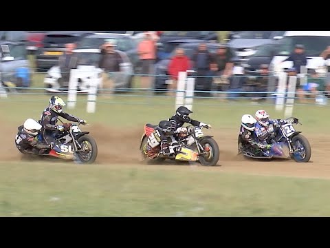 FANTASTIC 1000cc RH SIDECARS ON GRASS - dirt track racing video image