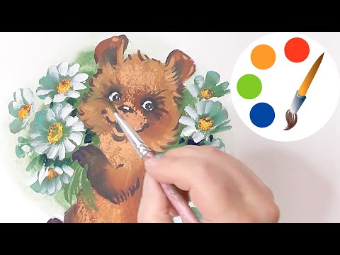 Daisies for David, Painting a bear with a bouquet of daisies with flat brushes